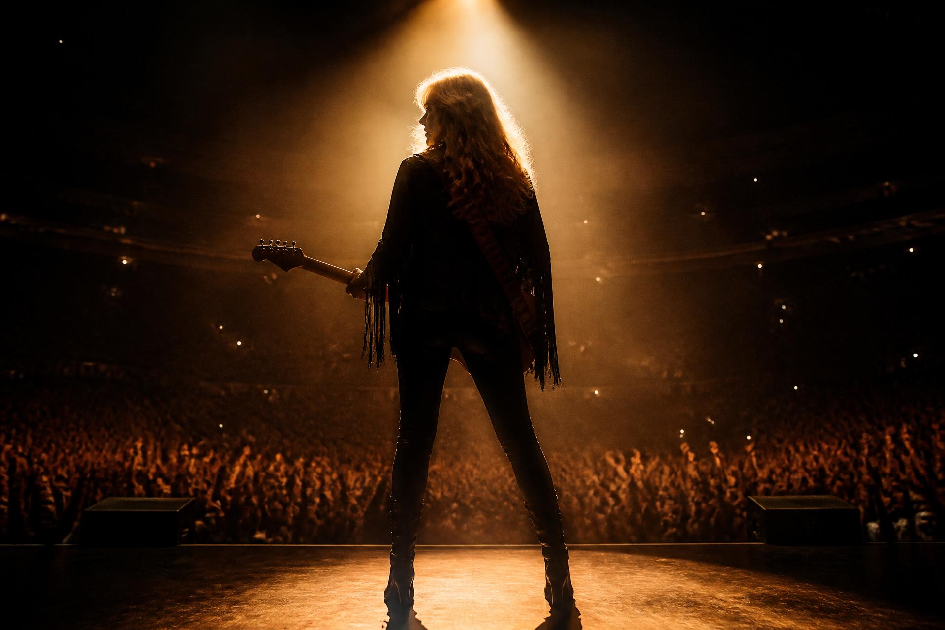 Artist silhouetted on a golden-lit arena stage